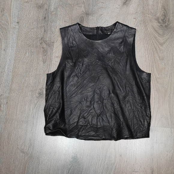 00s vintage Theory washed lined black leather sleeveless shell top - Picture 2 of 4
